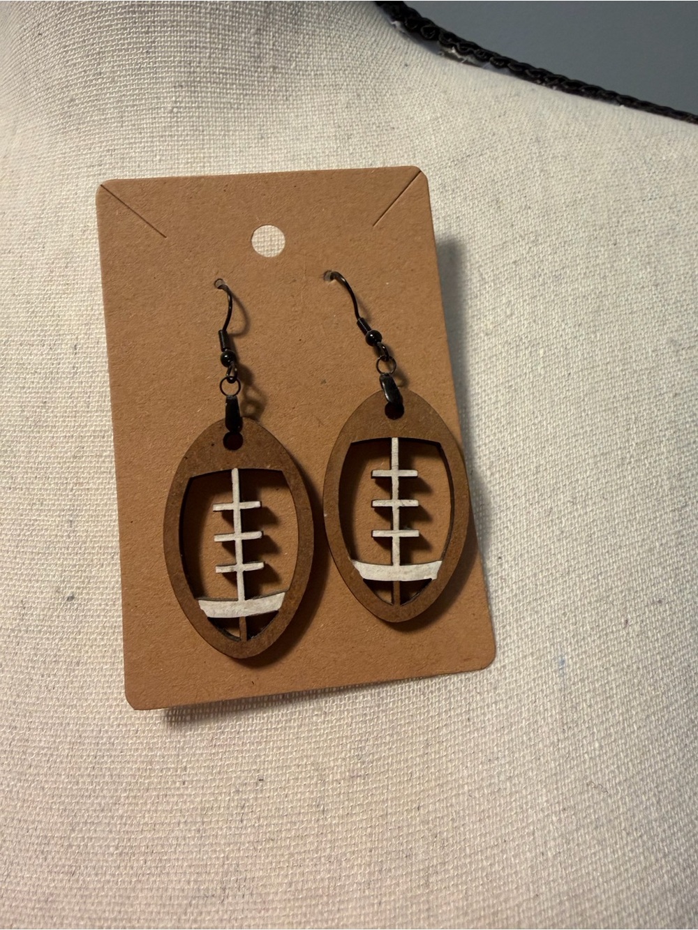 Wooden Football Dangle Earrings - Brown & White